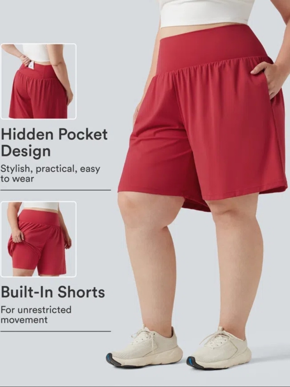NWT. 2X HALARA Red Women's Athletic Shorts with Built-In Biker Shorts